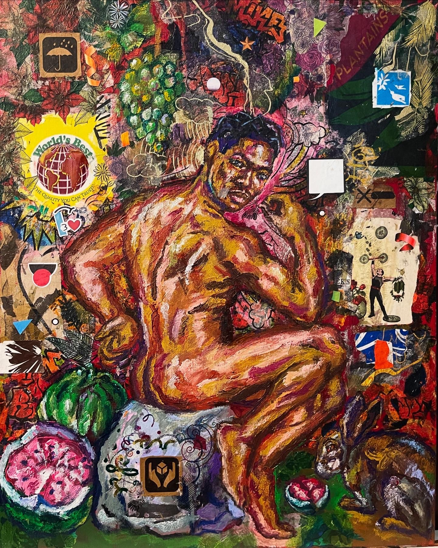 A colorful, abstract painting of a shirtless man with dark hair, surrounded by various icons, symbols, flowers, and stickers. The background is filled with vibrant colors and patterns.