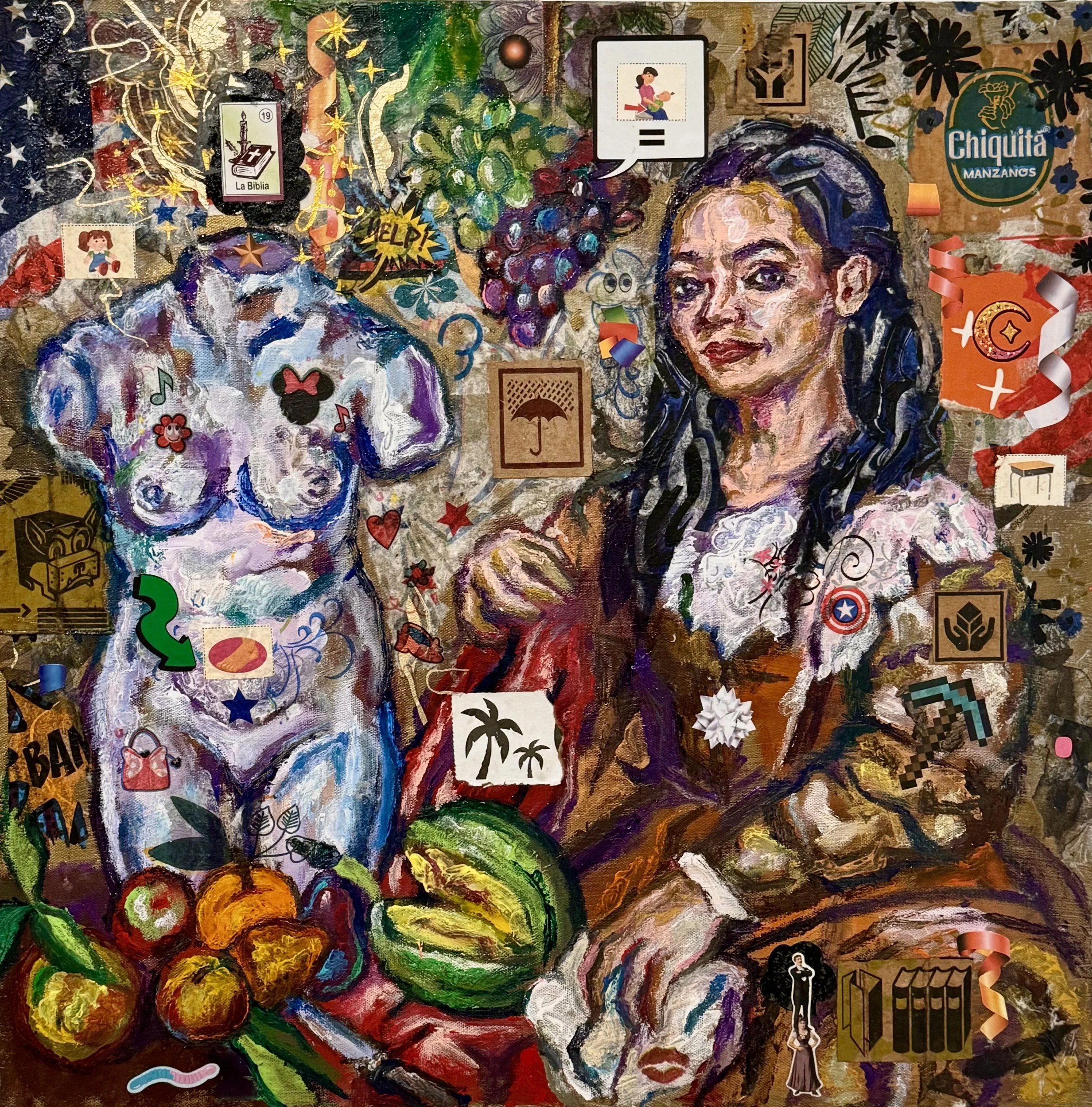 "Rep. Alexandria Ocasio-Cortez Defending Abortion Rights / A Pair of Blue Doves"
Acrylic and mixed media collage on canvas
24" square
