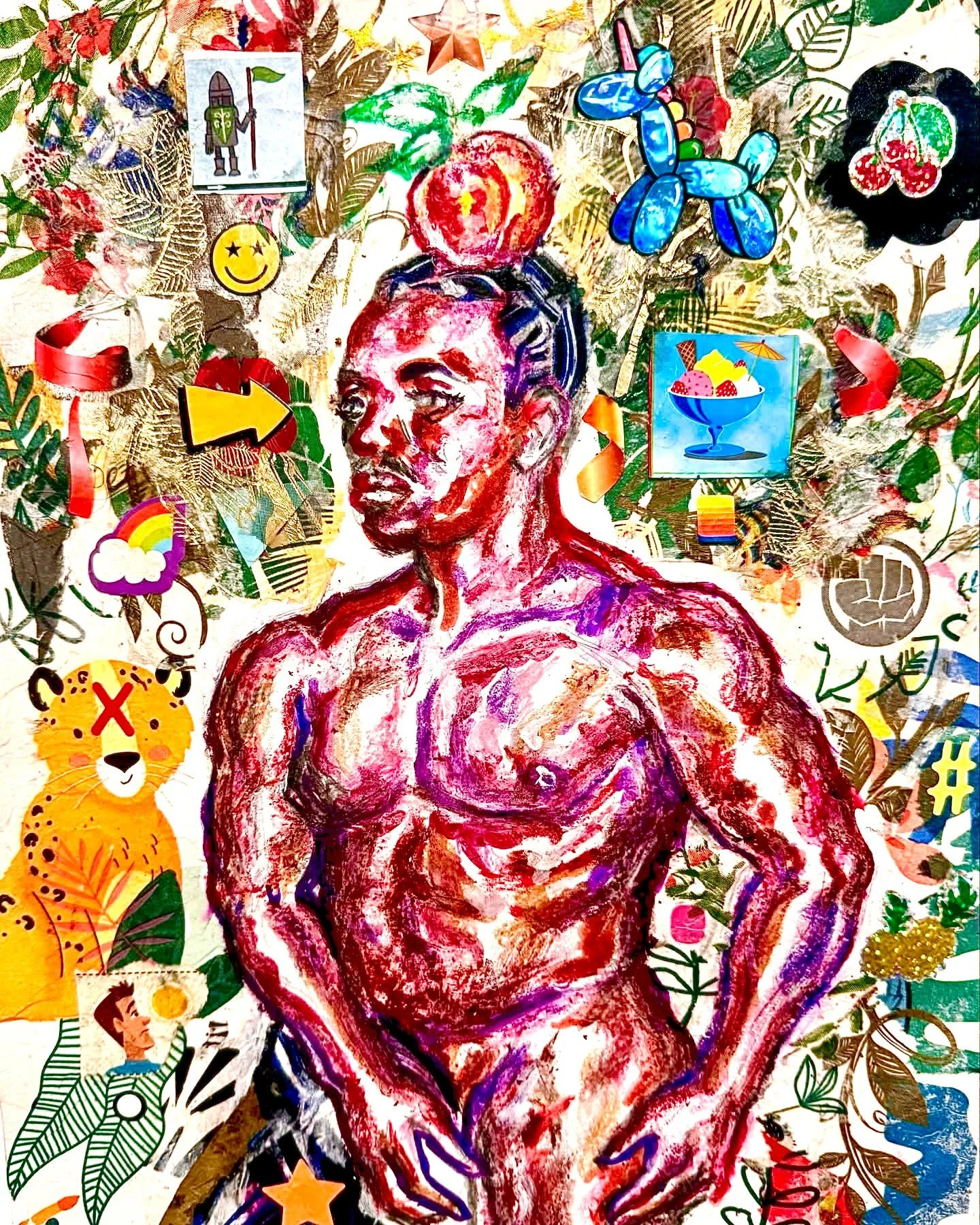 “Tres in the Garden of Earthly Delights / The Blue Unicorn,” 2026
Colored pencil, crayon, and mixed-media collage on paper. 
11” x 14”