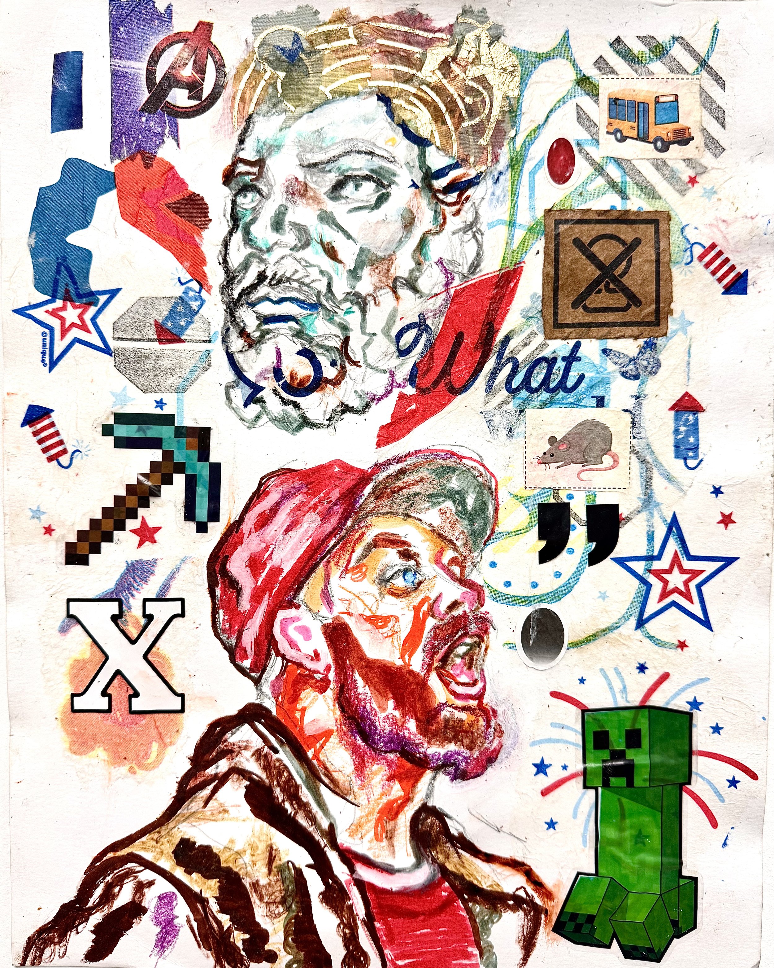 “MAGA Supporter Screaming at God / America the Beautiful”
Colored pencil, marker, and mixed media collage on paper
11 × 14 inches