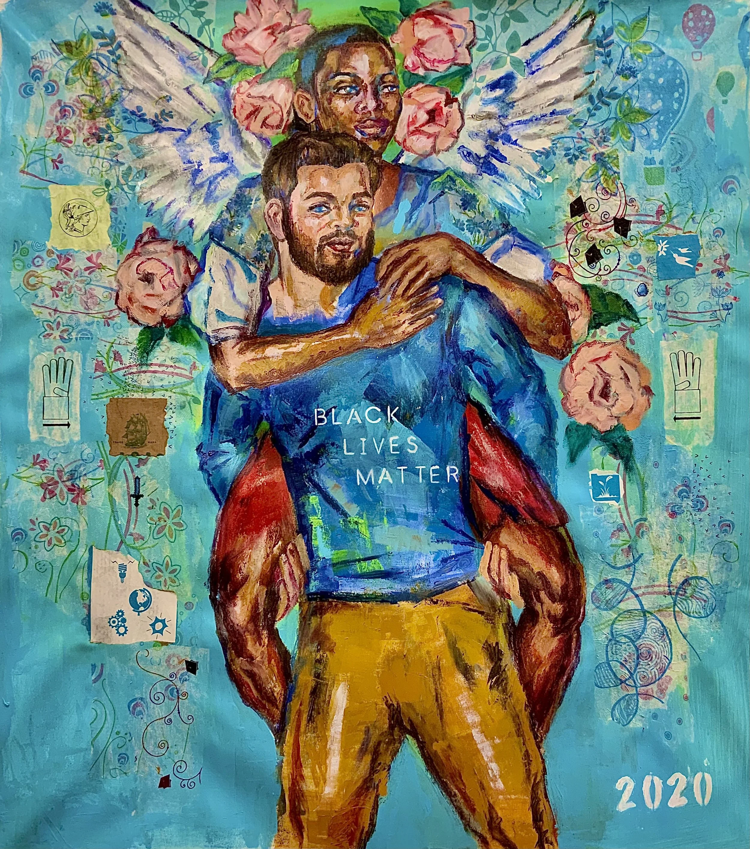 A colorful painting of a muscular Black man with a beard, in a blue shirt, sitting with arms crossed in front of a woman and a girl, surrounded by flowers, leaves, and symbolic art, with the words 'BLACK LIVES MATTER' and the year '2020' at the bottom right.