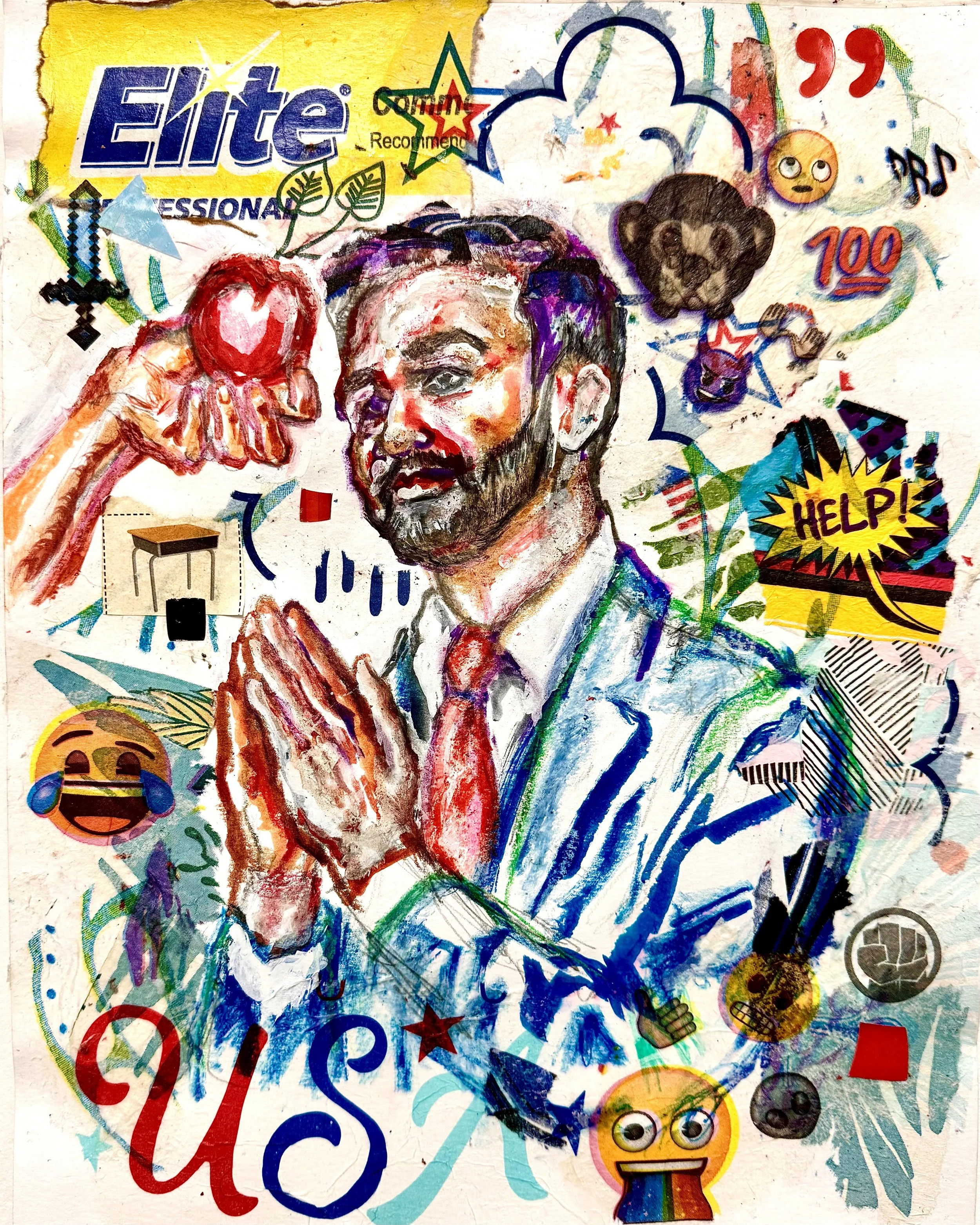 “7/1/25 / Zohran Mandan Accepts the Democratic Party Nomination for the New York City Mayoral Race / ELITE”
Colored pencil, marker, and mixed media collage on paper
11 × 14 inches
