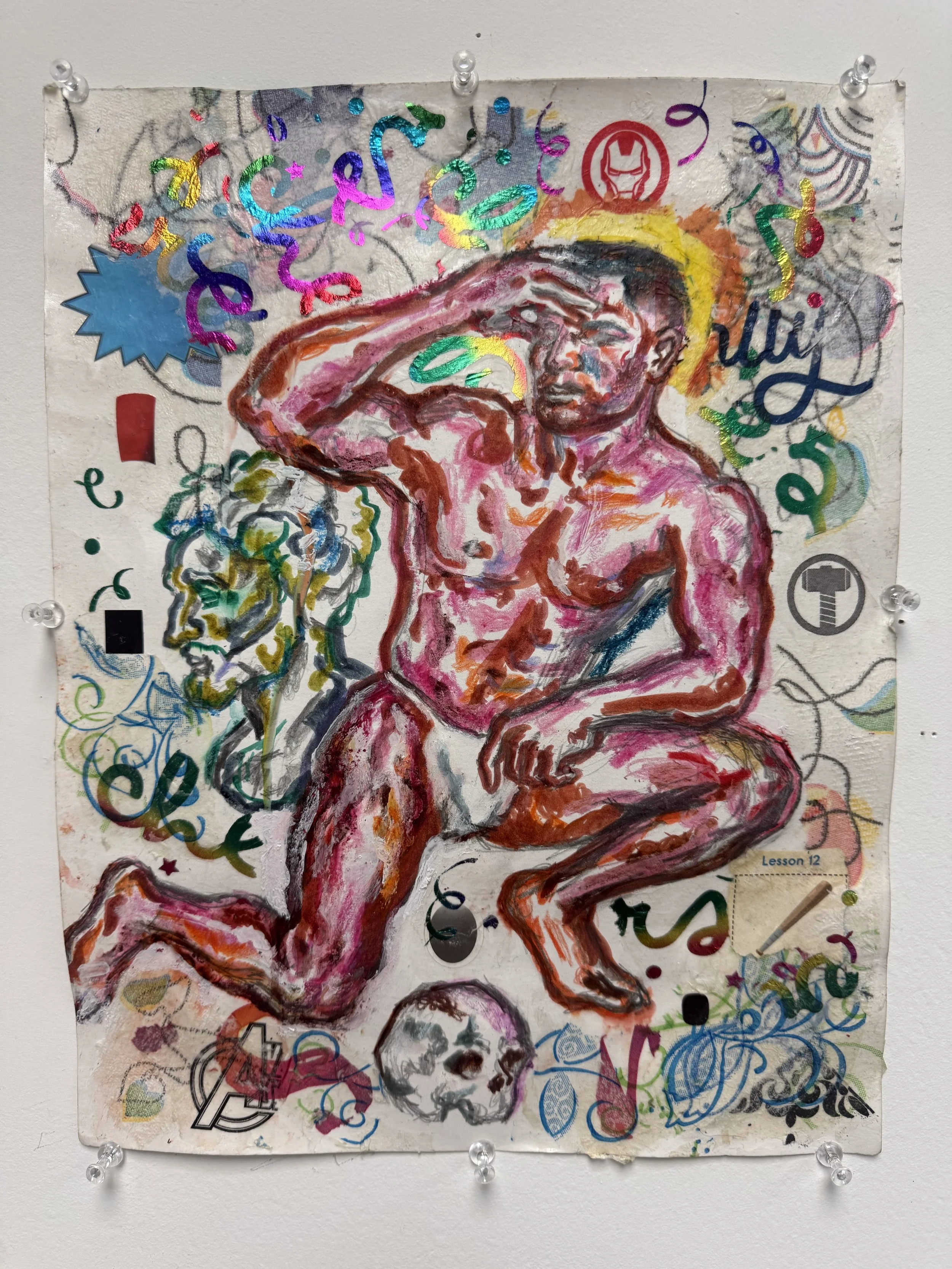 “Negroheroicus at the Edge of Time / Lesson 12,” 2026
Colored pencil, crayon, and mixed-media collage on paper. 
11” x 14”