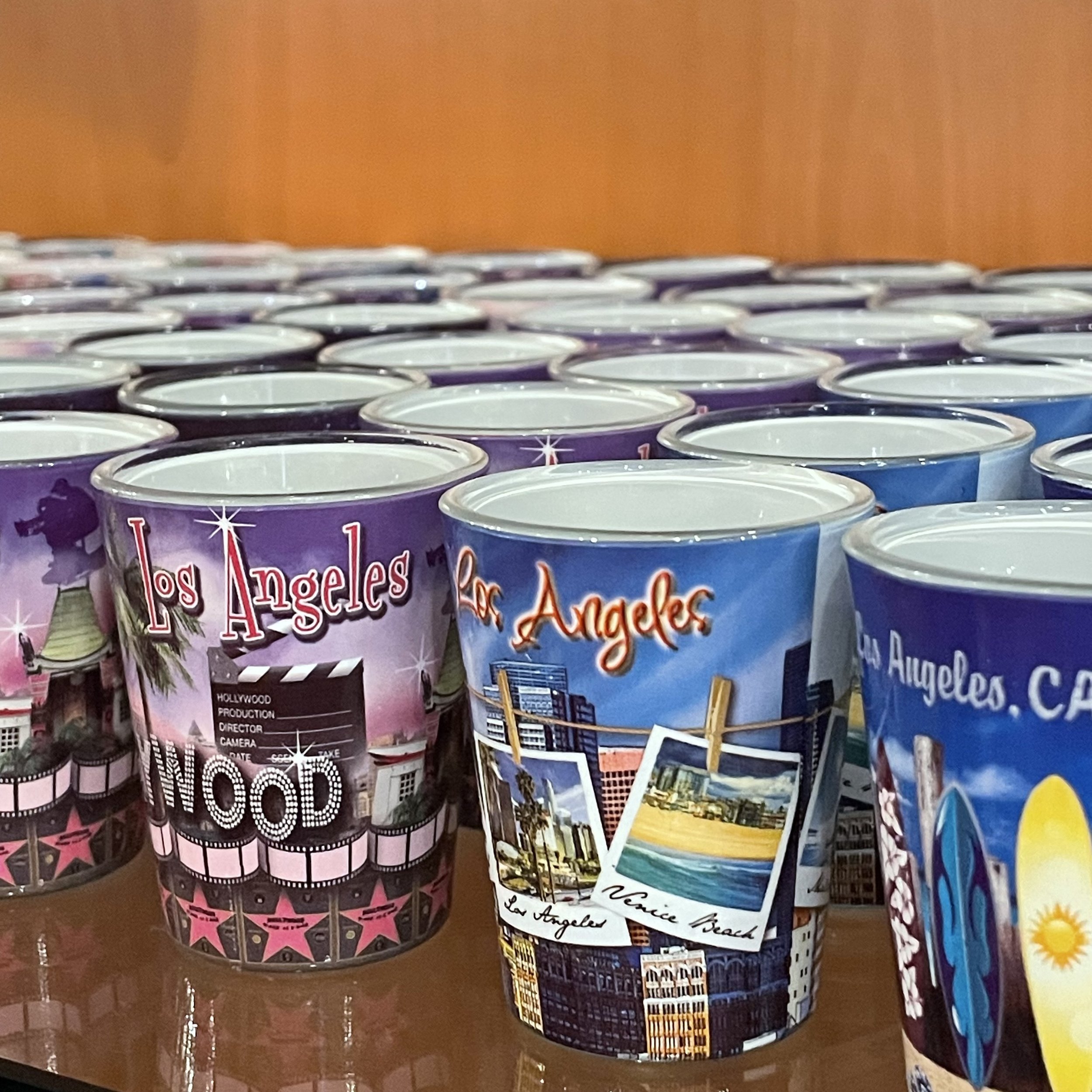 Souvenir shot glass featuring Los Angeles theme inside The Westin Bonaventure Hotel at The French kitchen Store