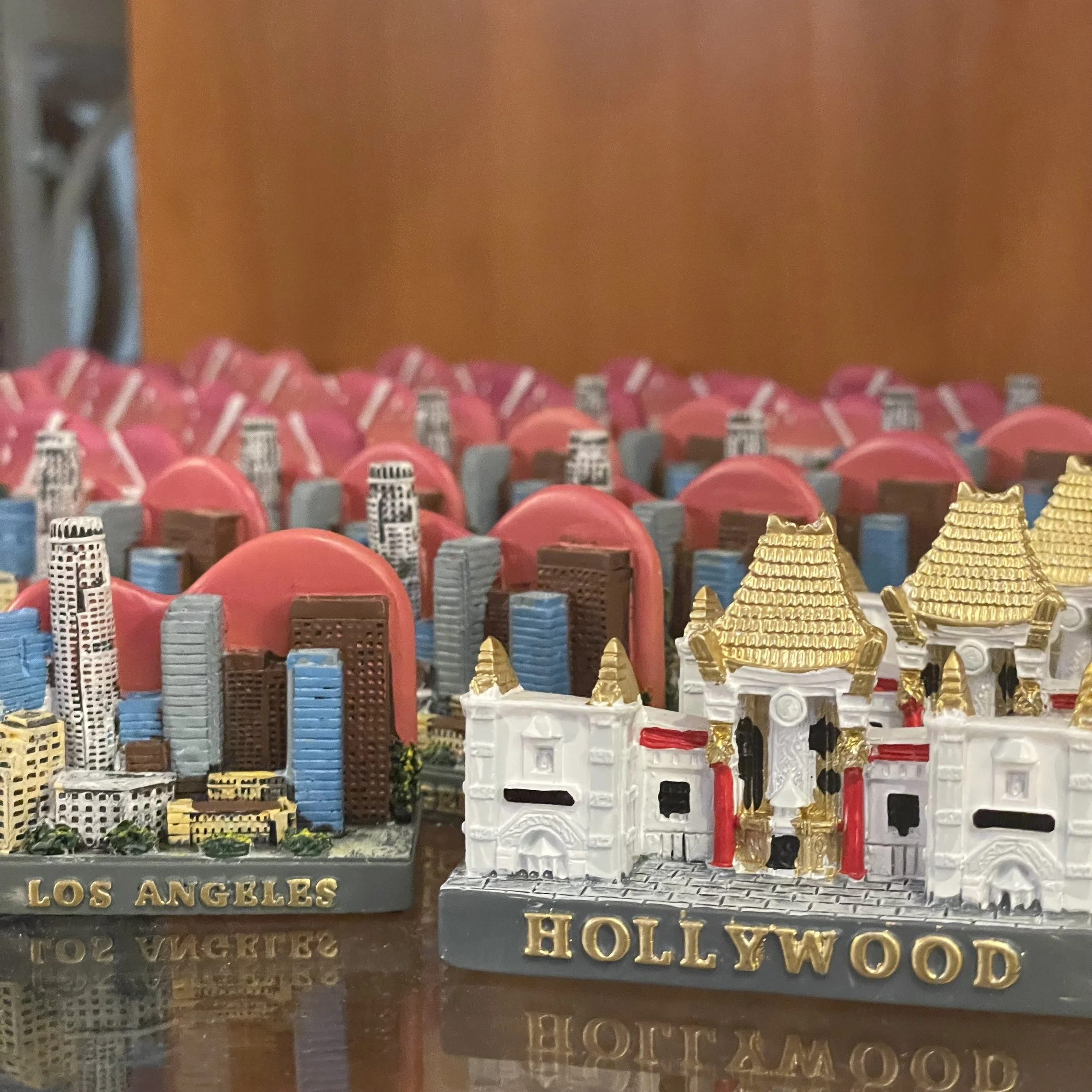 Hollywood souvenir figurines featuring  Los Angeles landmarks on display at The French Kitchen Convenience & Liquor Store in downtown Los Angeles
