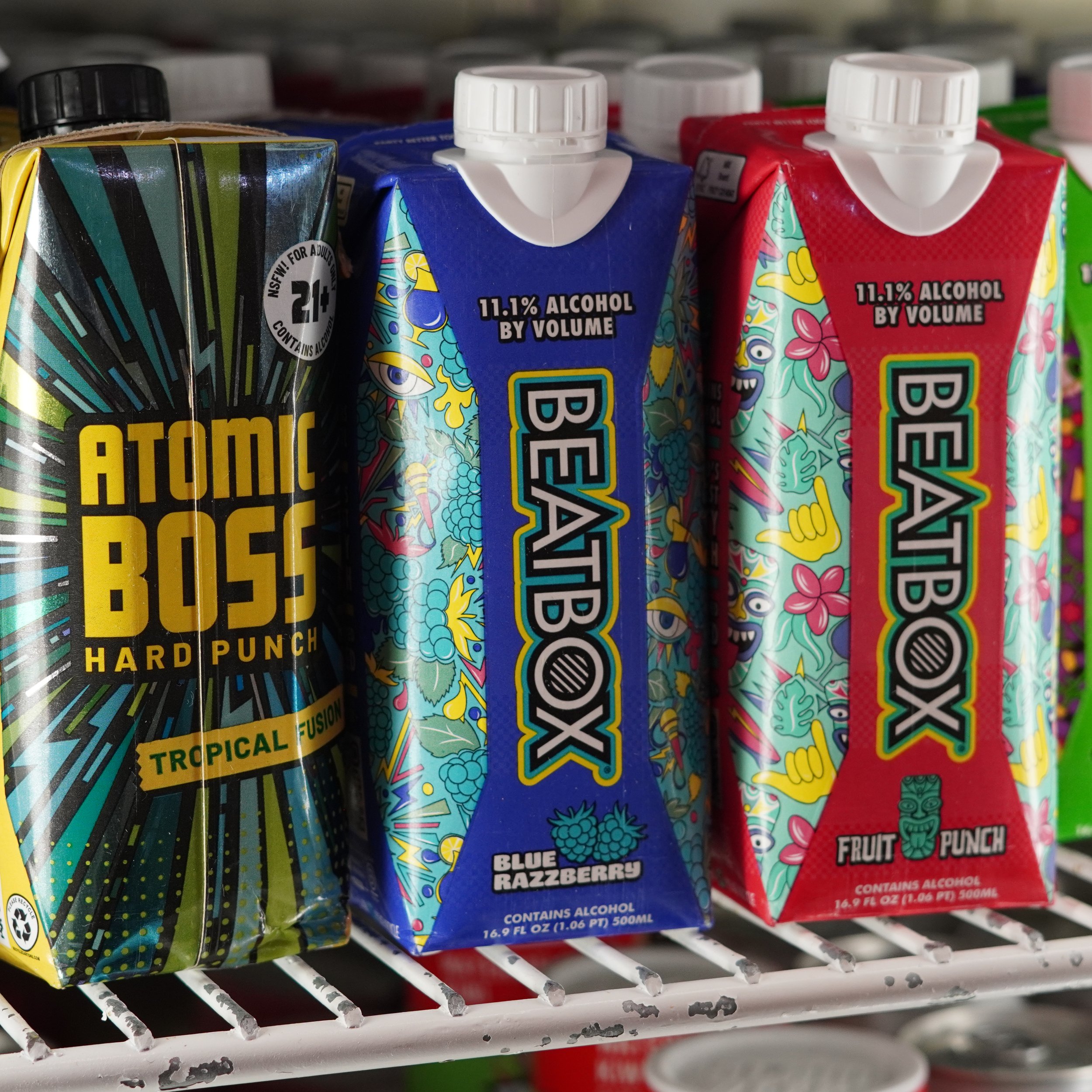Assorted BEATBOX flavored beverage cartons on a store shelf, including Blue Razzberry and Fruit Punch flavors, with colorful and vibrant packaging.
available at The French Kitchen , one-stop shop on 4th Fllor of The Westin Bonaventure Hotel