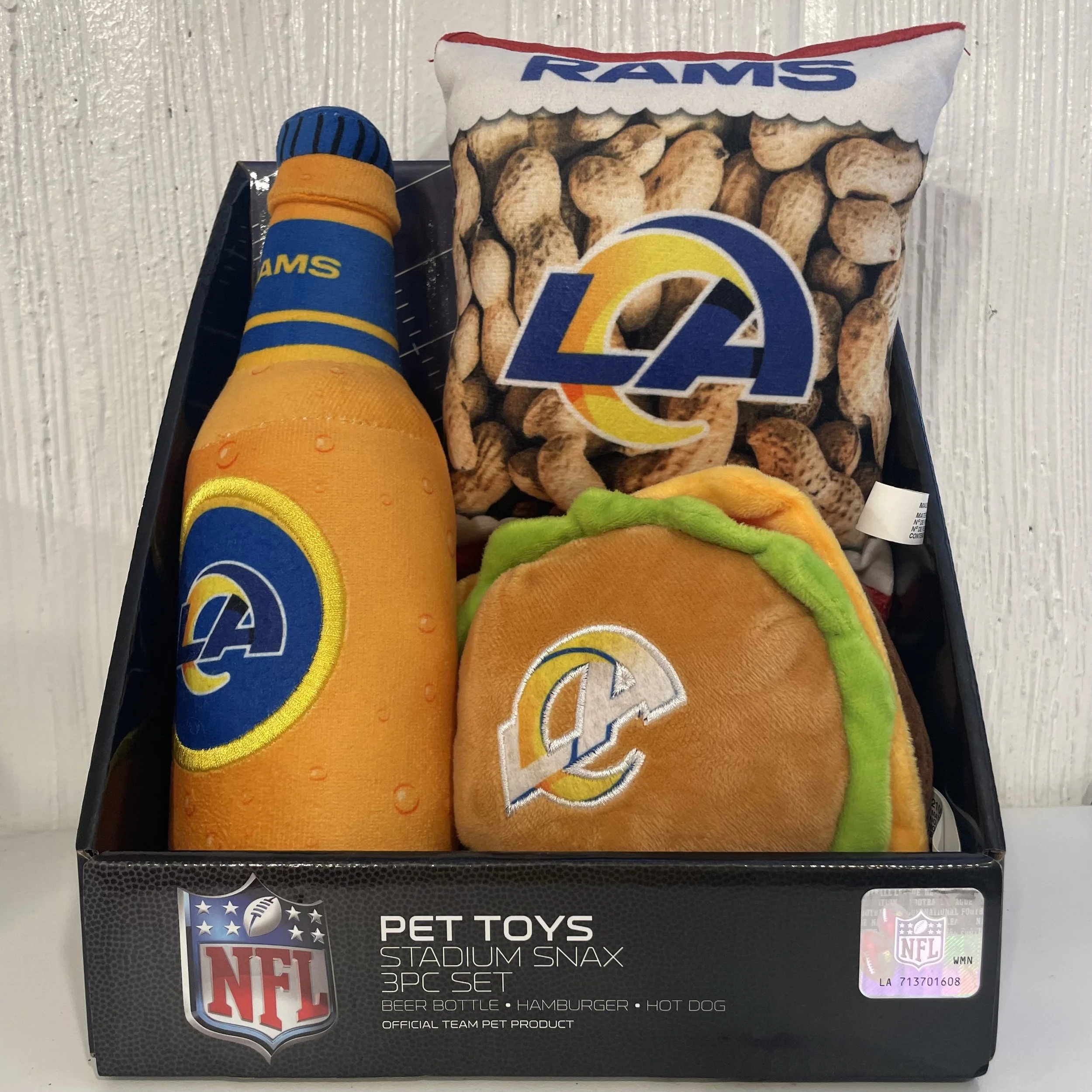 Los Angeles Rams pet toys available at The French kitchen Convenience 7 Liquor Store inside The Westin Bonaventure Hotel