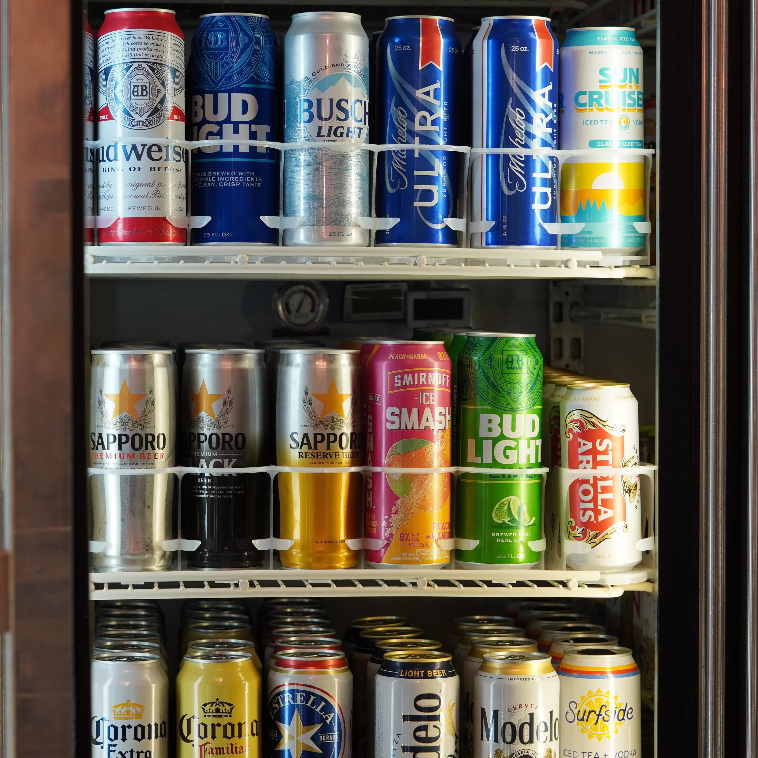 Various canned alcoholic beverages organized on a refrigerator shelf, including beers and flavored drinks.
available at The French Kitchen , one-stop shop on 4th Fllor of The Westin Bonaventure Hotel