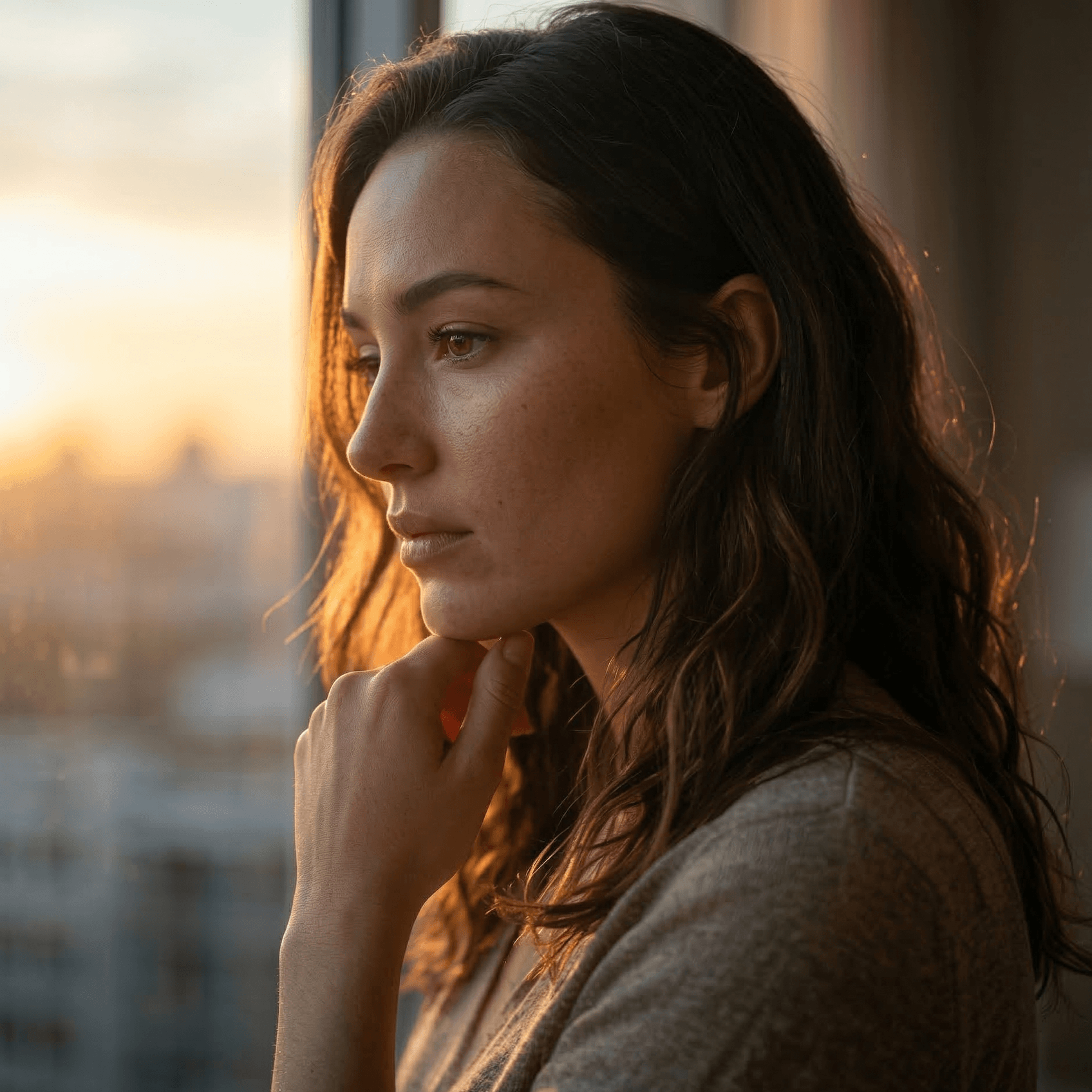 Nahaufnahme einer nachdenklichen jungen Frau mit dunklen Locken vor einem Fenster bei Sonnenuntergang.