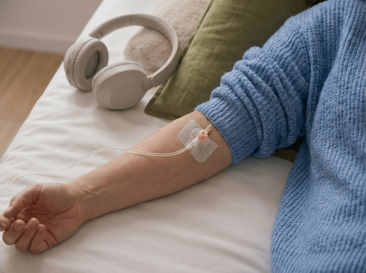 Nahaufnahme eines Armes mit Infusionsnadel, die an die Vene angeschlossen ist, auf einem Bett liegend, mit geöffneter weißen Kopfhörer und grünem Kissen in der Nähe.