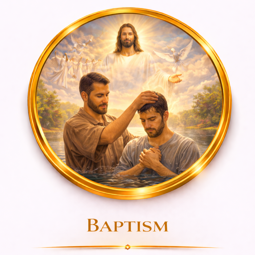 A baptism ceremony with two men standing in water, one placing his hand on the other's head, in front of a religious scene with Jesus, angels, and doves in the sky, framed by a gold circle, with the word 'BAPTISM' below.