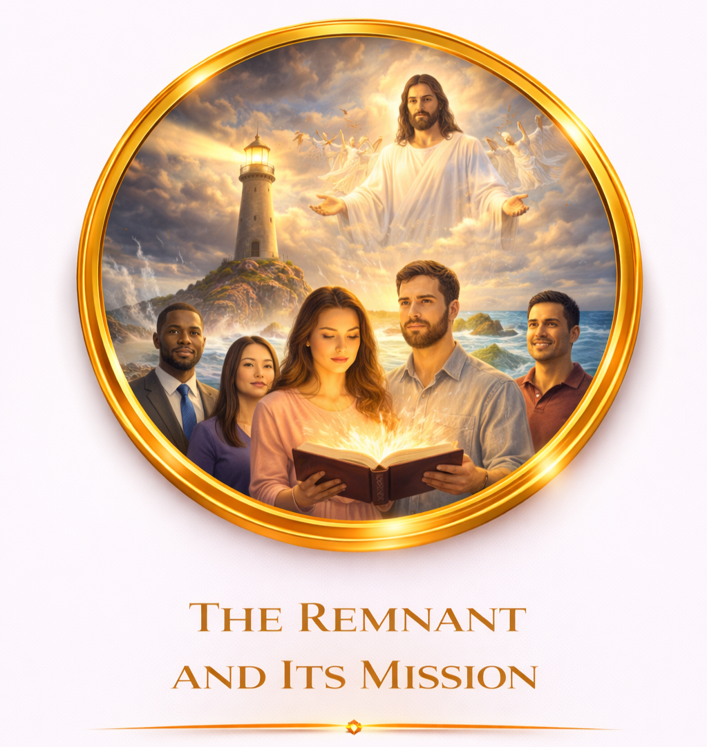 A group of five people, three men and two women, standing around a glowing open book with a fiery effect, in front of a lighthouse on a rocky coast with stormy clouds and sunset sky. Above them is a large figure of Jesus Christ with outstretched arms and angels in the background. Below the image, the text reads "The Remnant and Its Mission."
