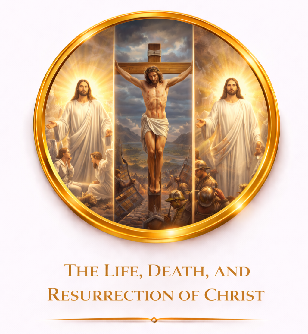 A clock with images of Jesus Christ in different scenes, including the crucifixion in the center, and the resurrection on the sides, with the text "The Life, Death, and Resurrection of Christ" below.