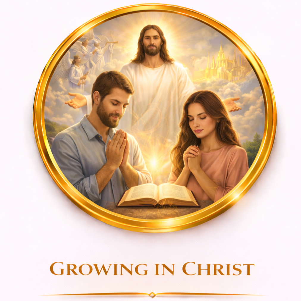 A religious image showing a man and woman praying with an open Bible, with Jesus Christ appearing behind them in a golden glow, and angelic figures and a castle in the background. The text reads 'Growing in Christ'.
