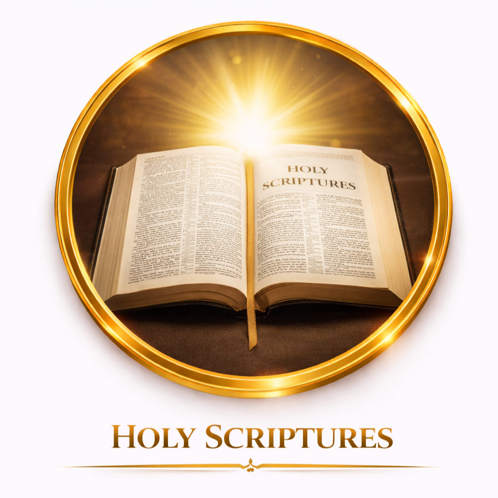 An open Bible with the title 'Holy Scriptures' inside a golden circular frame, with a bright light shining from behind.