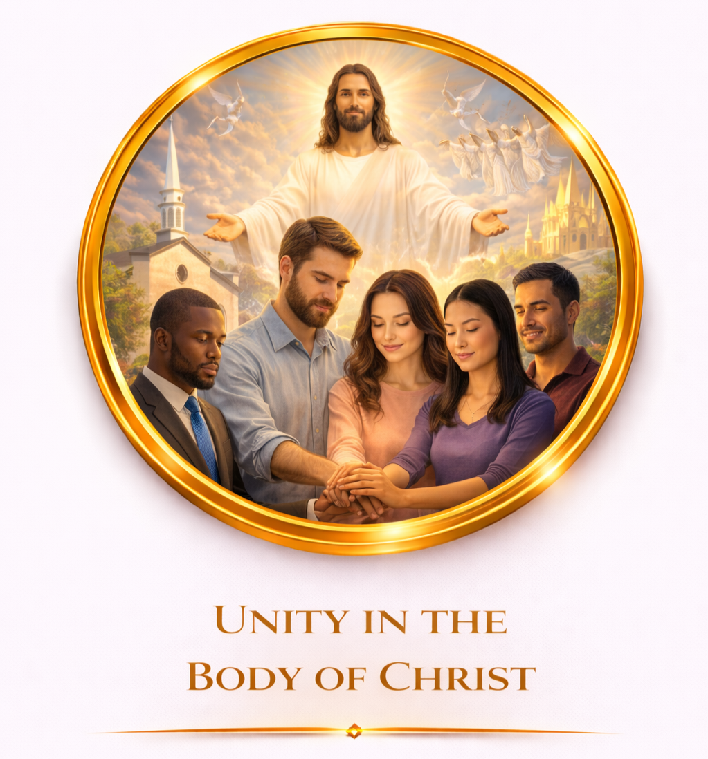 A religious-themed image featuring Jesus Christ with open arms in the sky, surrounded by angels, overlooking a diverse group of five people holding hands in prayer, with a church and a cityscape in the background. Below the image, the text reads 'Unity in the Body of Christ'.