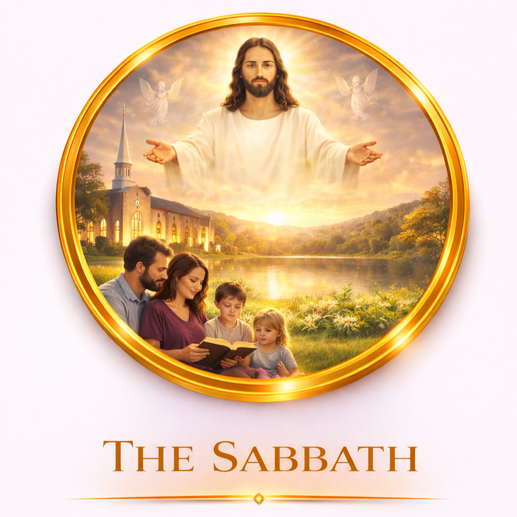 A family of four reading a book outdoors by a lake at sunset, with Jesus Christ depicted above in the sky extending His arms, angels flying nearby, and a church in the background. The image is framed in a golden circle with the text "The Sabbath" below.