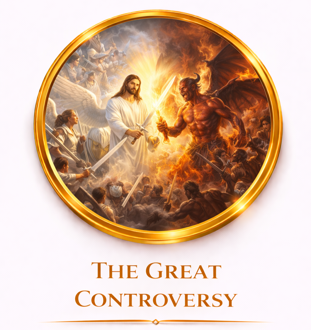 A circular artwork depicting a biblical scene with Jesus Christ holding a sword, facing off against a demon with wings amidst flames, while angels and angels warriors surround them. Below the image, the text reads "The Great Controversy."