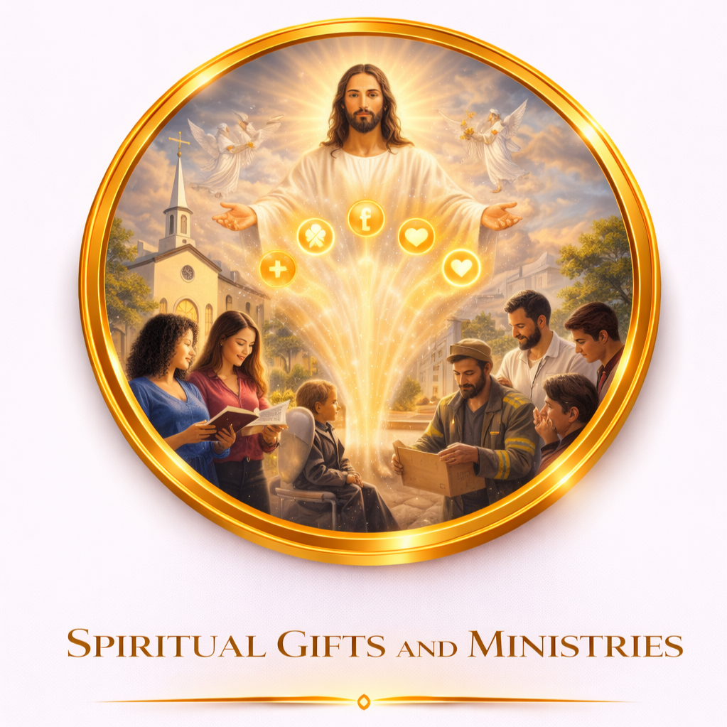 A circular religious illustration featuring Jesus Christ surrounded by followers. Jesus is depicted with open arms, clouds, doves, and icons representing faith, charity, and money. The scene includes a church, trees, and people reading and studying religious texts, with radiant light emanating from Jesus.