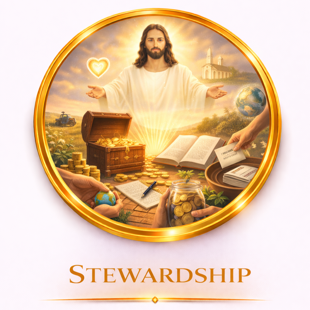 Religious imagery of Jesus Christ in a glowing halo, with hands extended, surrounded by symbols of stewardship such as a treasure chest filled with gold coins, open Bible, globe, and hands passing money and resources, representing caring for the earth and resources, with the word "Stewardship" below.