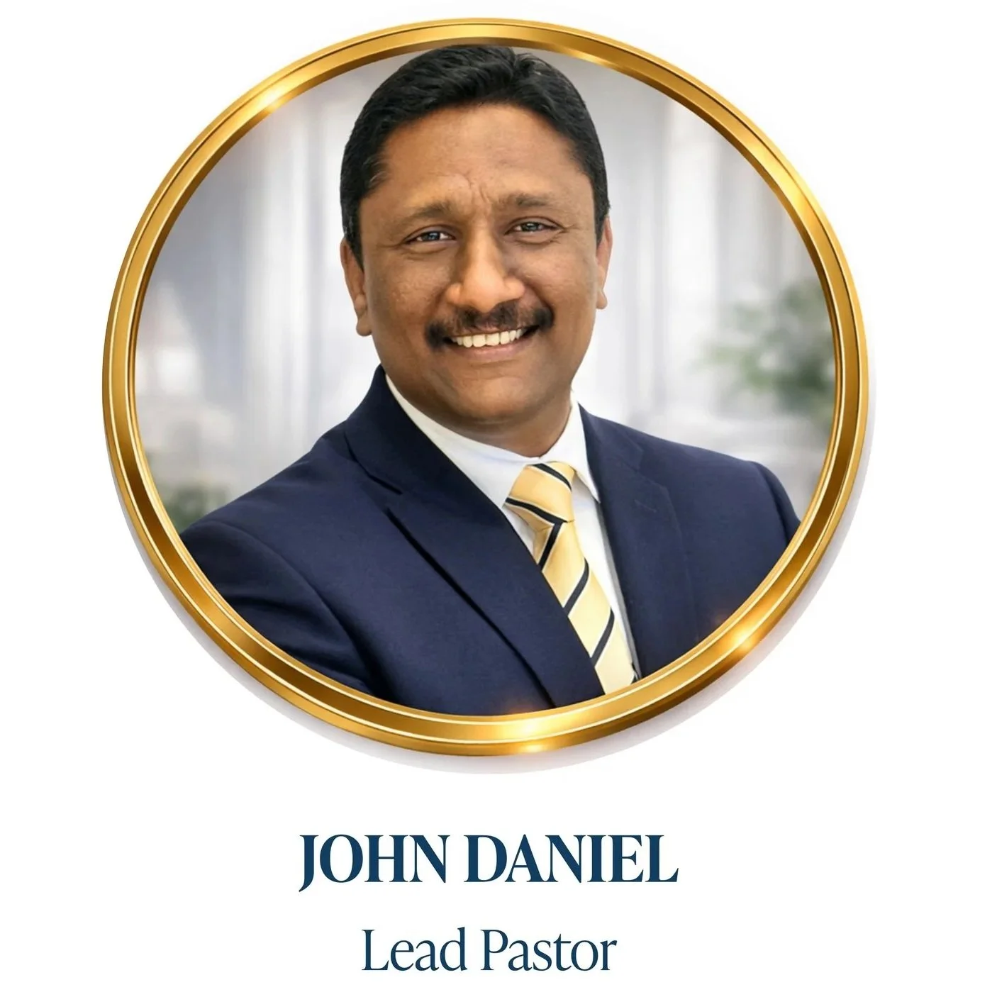 Portrait of John Daniel, Lead Pastor, smiling in a professional setting, wearing a suit and tie, framed in a gold circular border with his name and title written below.