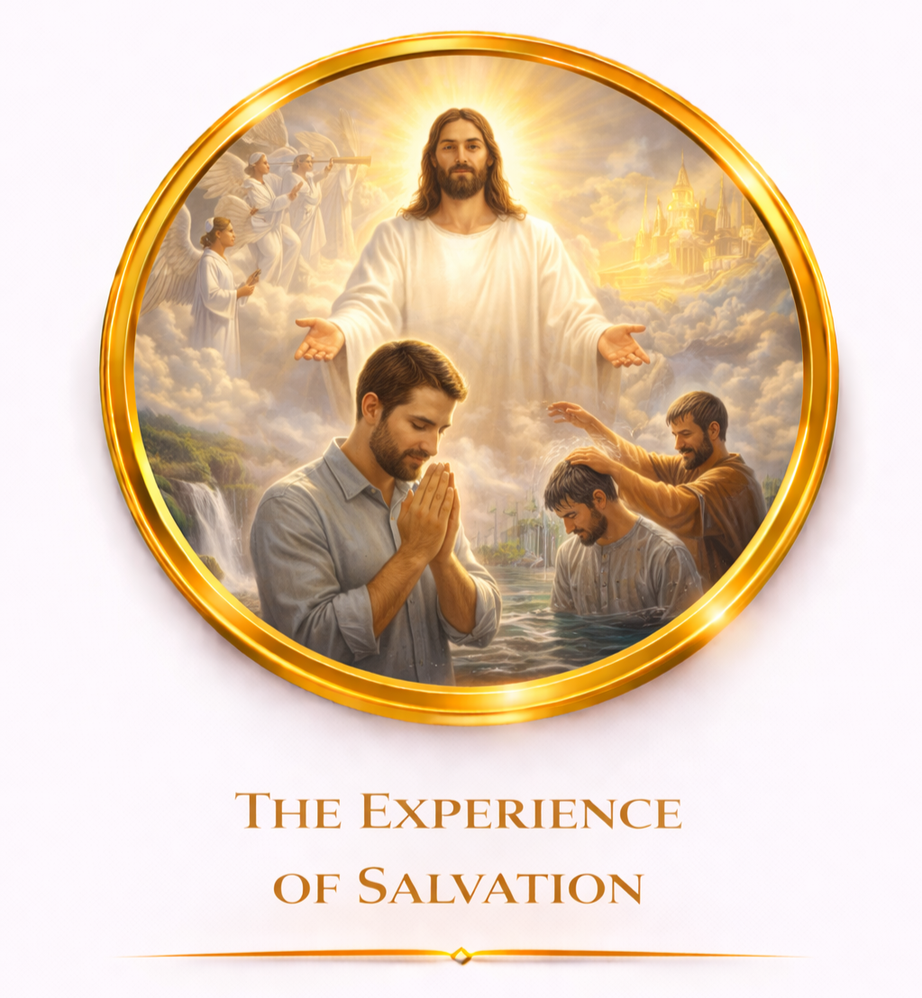 Religious depiction of Jesus overseeing a baptism with people in water, angels in the sky, and a divine city in the background, with the text 'The Experience of Salvation' below.