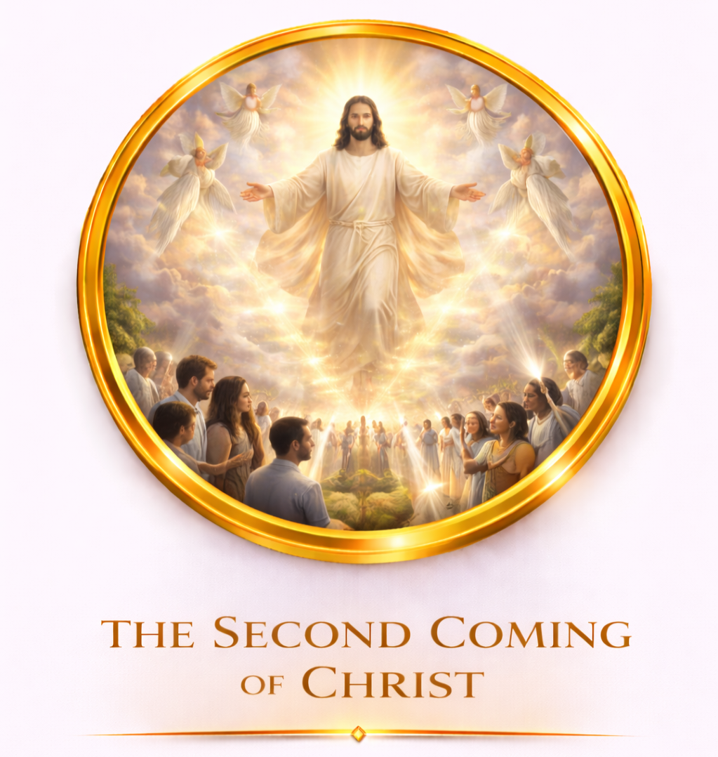 A religious illustration depicting the second coming of Christ, with Christ ascending in the sky surrounded by angels, and people gathered on earth looking up in worship.