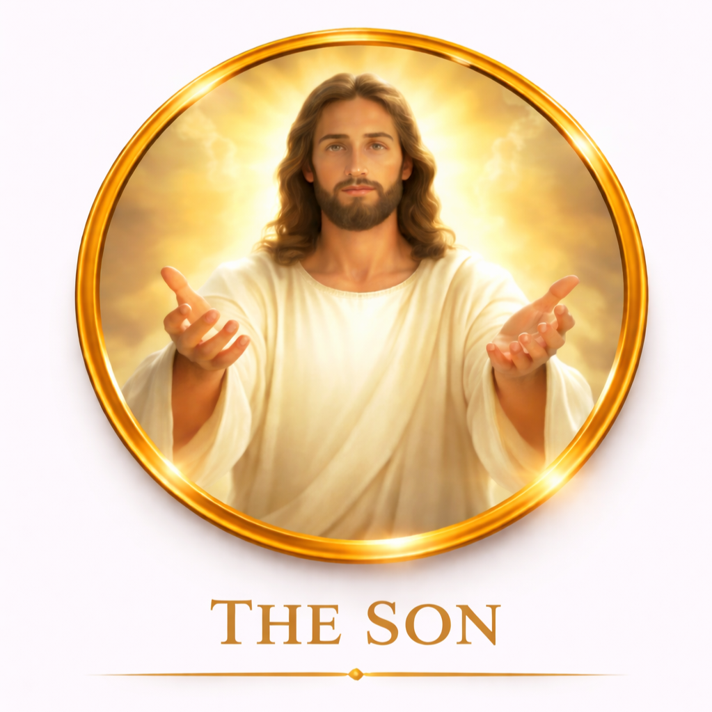 An illustration of Jesus Christ with long hair and a beard, wearing a white robe, with arms extended, depicted within a golden circle, and the text 'The Son' underneath.