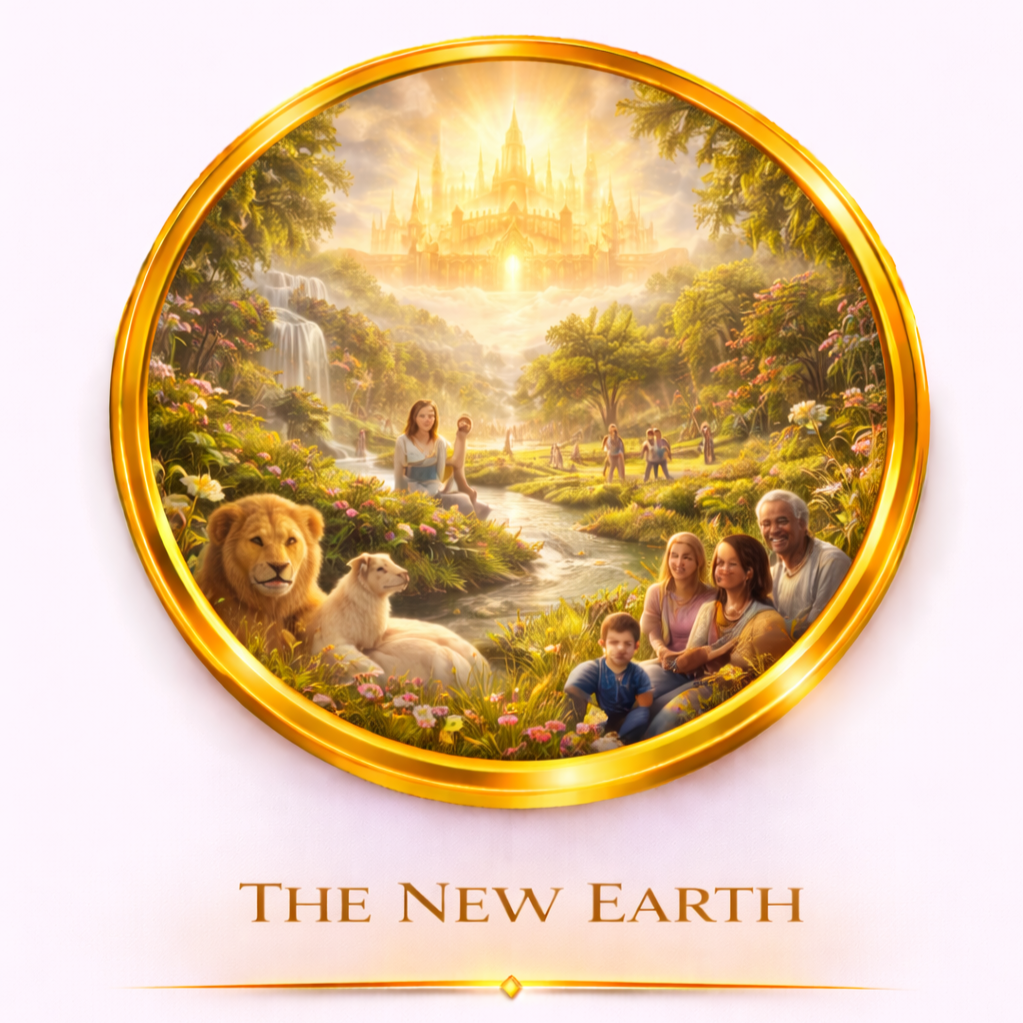 Illustration of a lush, vibrant landscape with a majestic castle in the background, a river flowing through the scene, and diverse people, animals, and trees in the foreground, all encased within a golden circular border. The text below reads "The New Earth."