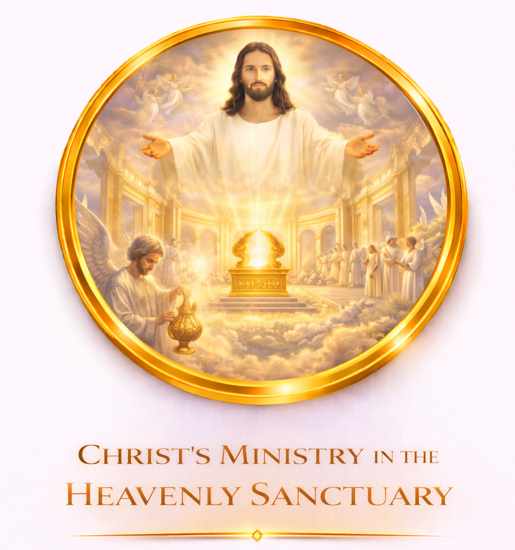 Artwork depicting Jesus Christ in heaven with angels, surrounded by clouds and golden architecture, with a group of people on the right and a figure with a lantern on the left, and the text "Christ's Ministry in the Heavenly Sanctuary" below.