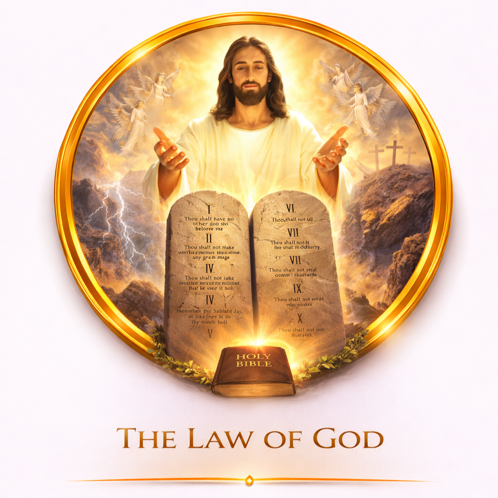 Illustration of Jesus Christ with open arms, surrounded by angels, three crosses on a hill, lightning, an open Bible, and stone tablets with commandments. Text at bottom reads 'The Law of God.'