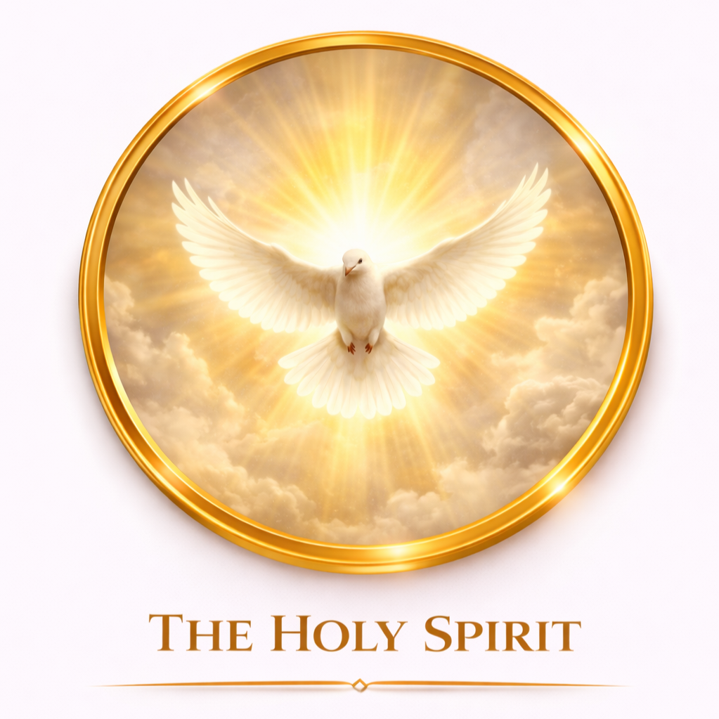 A white dove flying with open wings, set against a glowing golden background with rays of light and clouds, encased in a golden circular frame below the words "The Holy Spirit".