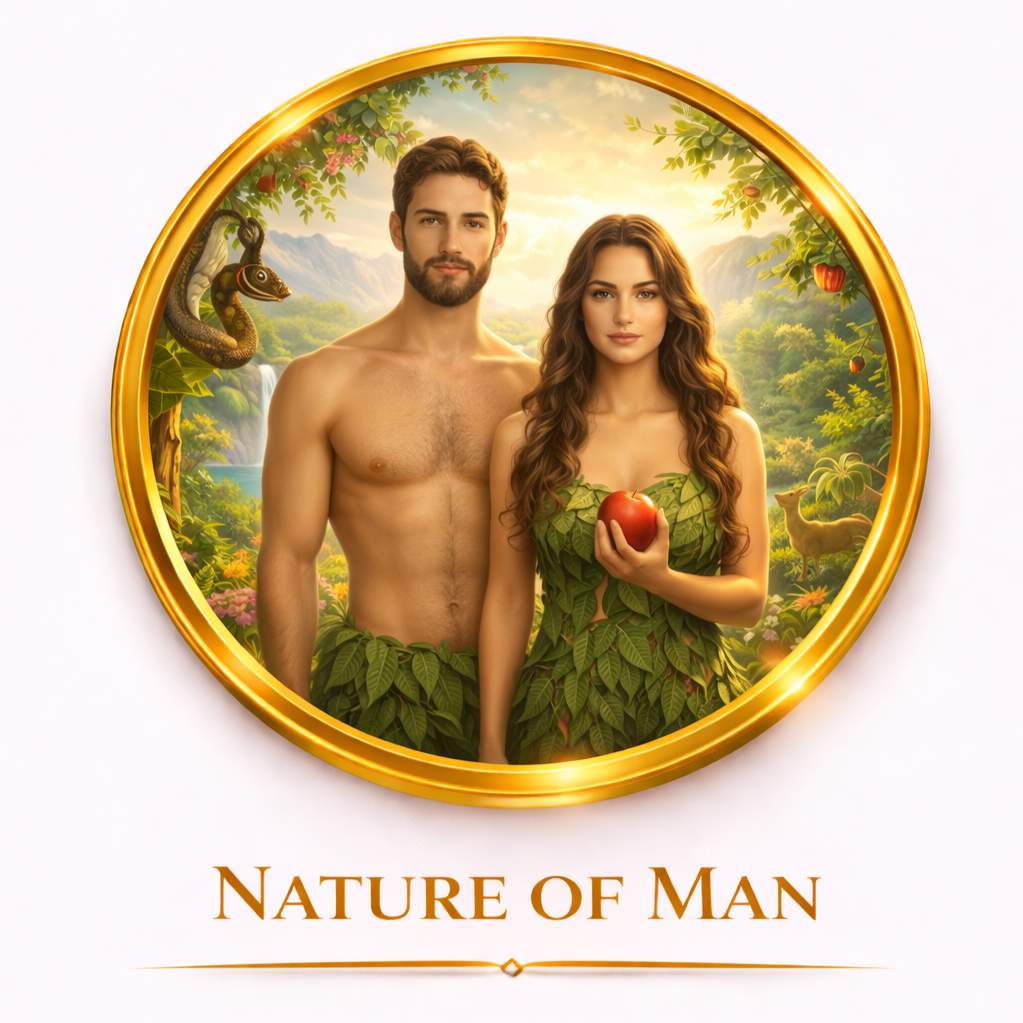 A man and woman dressed as garden of Eden figures, surrounded by nature, with lush greenery, mountains, and animals, holding an apple, under the title "Nature of Man."