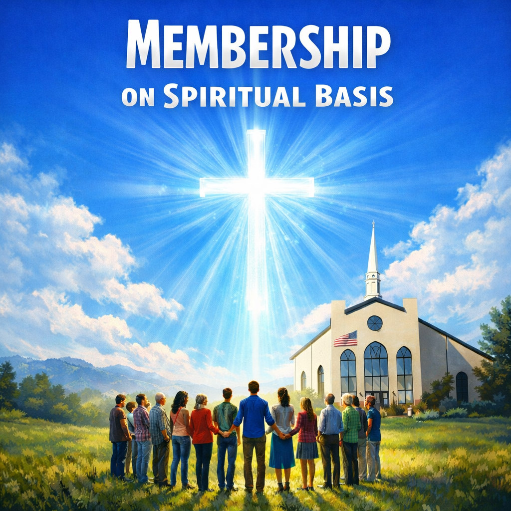 A diverse group of people holding hands in a circle outside a church, with a large glowing cross in the sky and the text 'Membership on Spiritual Basis' at the top.