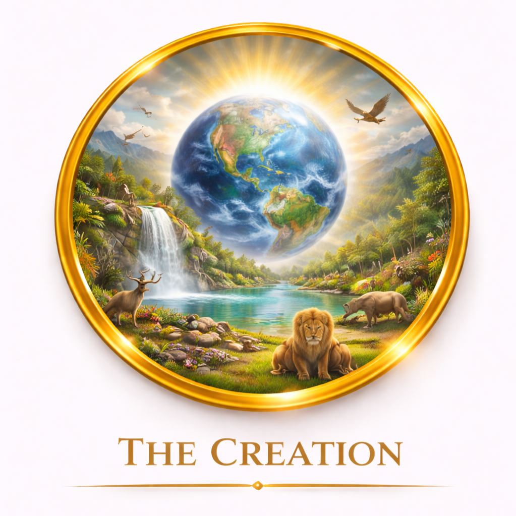Illustration of Earth with wildlife and nature scene including a lion, rhinoceros, deer, waterfall, and mountains, with the text 'THE CREATION' below.