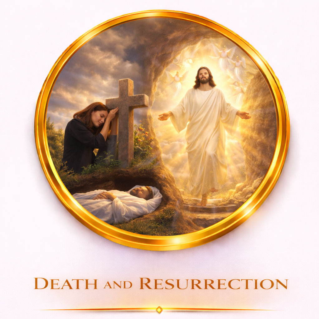 A religious scene depicting death and resurrection: a woman mourning kneels beside a cross and a person lying in a white shroud, with a radiant Jesus Christ emerging from a tunnel of light surrounded by angels.