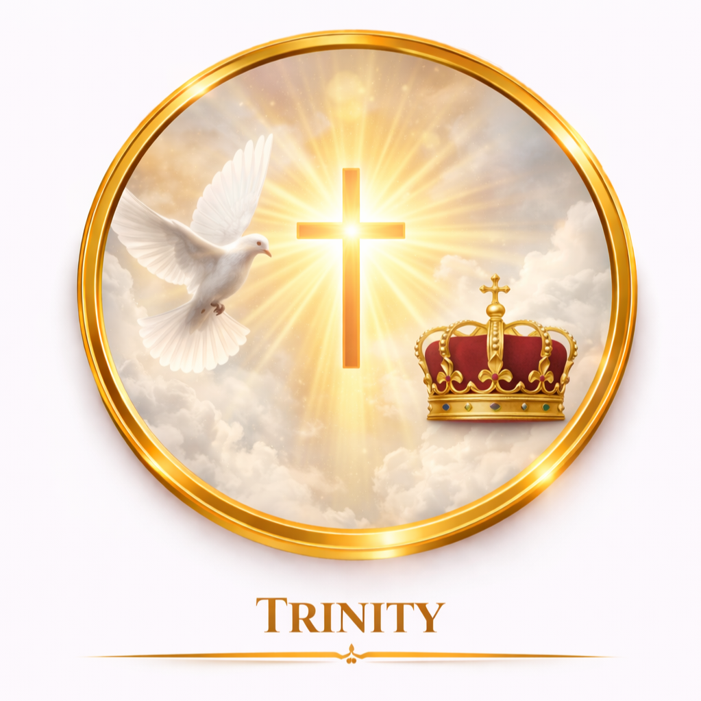 A golden circular emblem featuring a white dove, a glowing cross with radiant light, a crown with red velvet and gold accents, set against a sky with clouds and sunlight; below, the word "Trinity" in gold letters.