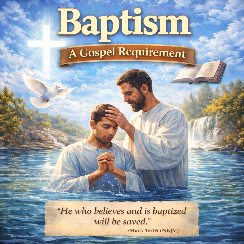 Cover of a booklet titled "Baptism: A Gospel Requirement." The cover features a scene of a man baptizing another man in a river, with a bright sky, a white dove, and an open Bible in the background. There is a quote at the bottom from Mark 16:16.