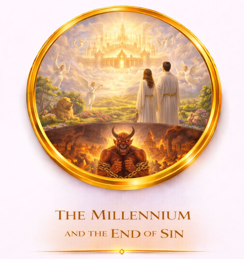 Round illustration divided into heaven and hell scenes. The top shows a bright heaven with a golden palace, angels, and a lion with flowers. The bottom depicts a fiery hell with a demon and a city in flames. Below the illustration, the title reads "The Millennium and the End of Sin."