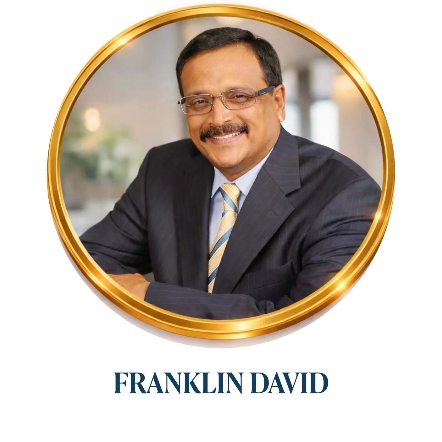 Portrait of a man in a dark suit with a yellow striped tie, smiling, framed in a gold circle, with the name Franklin David written below.