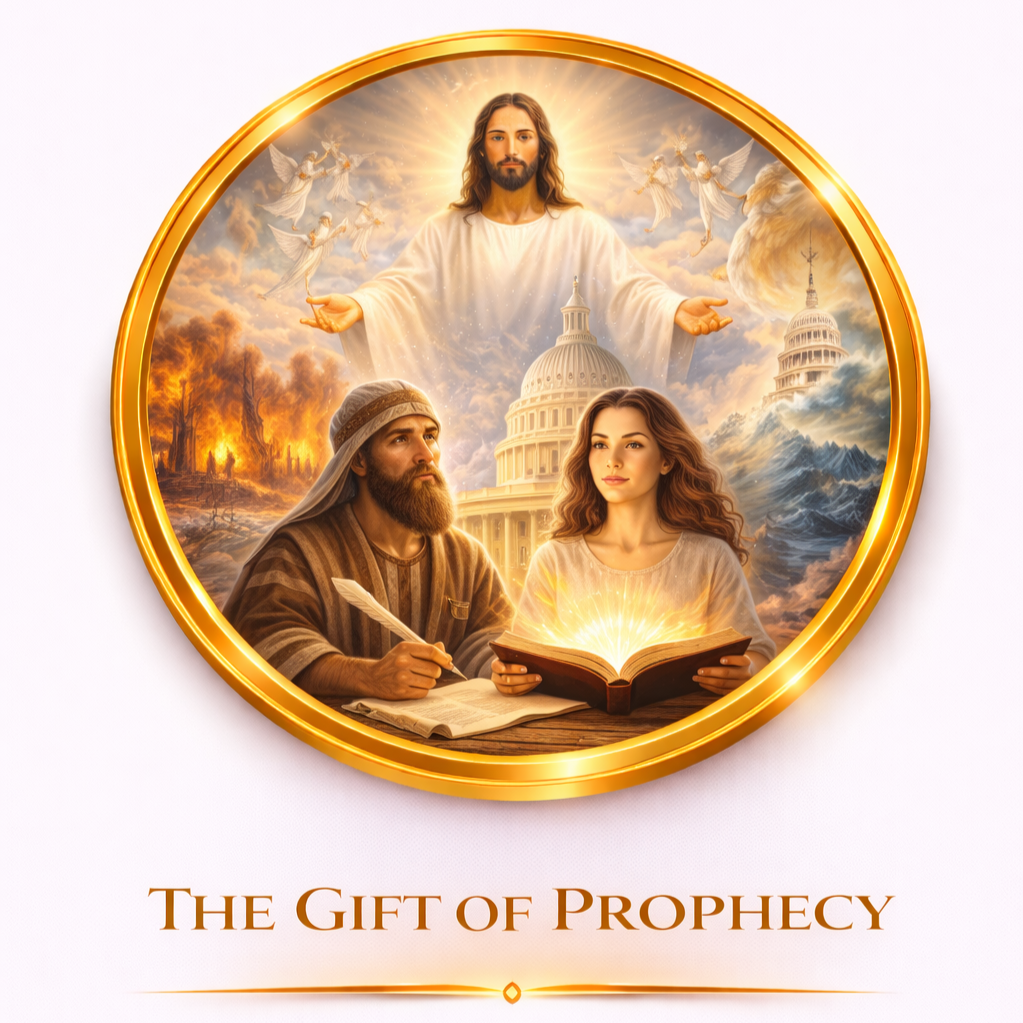 Illustration of Jesus Christ with open arms above the U.S. Capitol building, with a man writing and a woman reading a glowing book below, surrounded by angels, mountains, fire, and stormy skies, labeled "The Gift of Prophecy."