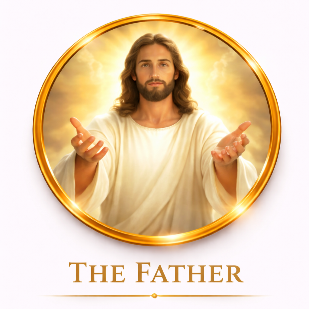 A digital artwork of Jesus Christ with long hair and a beard, wearing a light-colored robe, with arms extended forward, surrounded by a glowing golden halo, and the text "THE FATHER" below.
