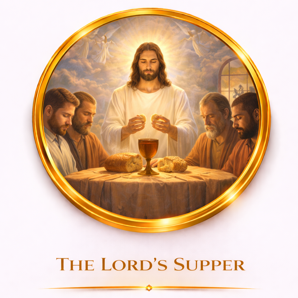 An illustration of the Lord's Supper with Jesus and five men sitting at a table with bread and a chalice, set against a glowing sky background with angels.