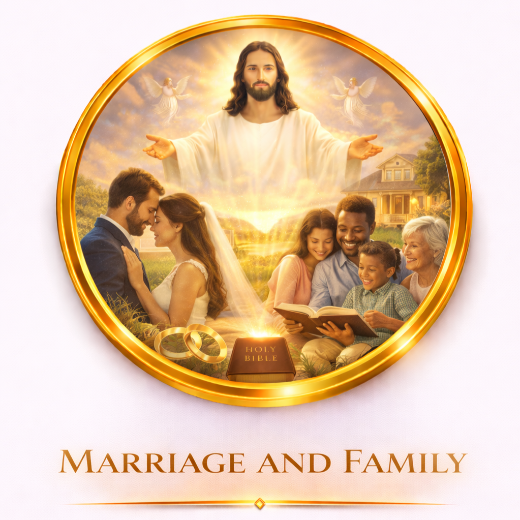 Artwork featuring Jesus Christ with outstretched arms, surrounded by scenes of family, marriage, and religious symbols, with the title 'Marriage and Family' at the bottom.