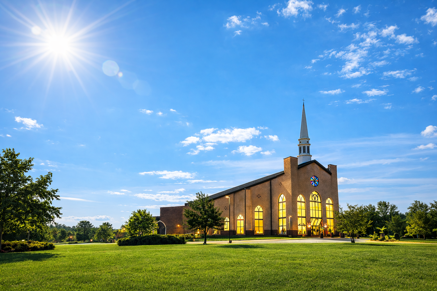 Sun shining over a church with tall steeple and illuminated windows, surrounded by green grass and trees under a blue sky with scattered clouds.