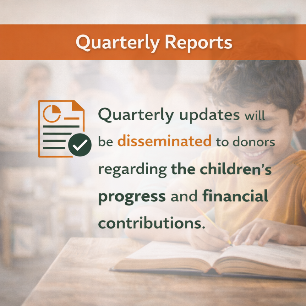 A report about quarterly updates being disseminated to donors regarding children's progress and financial contributions, with a background of a smiling child writing in a notebook.