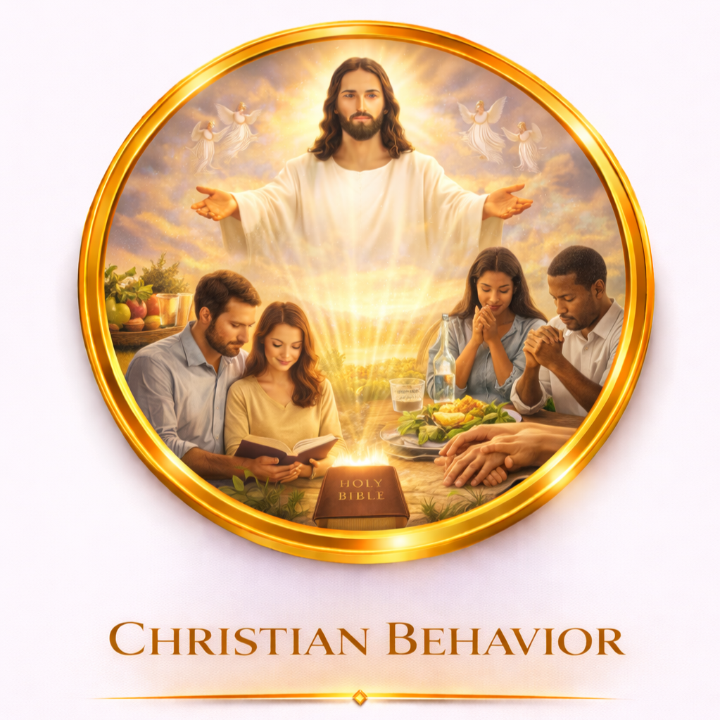 Illustration of Jesus Christ with outstretched arms above people praying and reading the Bible, with a glowing light, angels, and a sunset background, inside a gold circular frame, with the words "Christian Behavior" below.