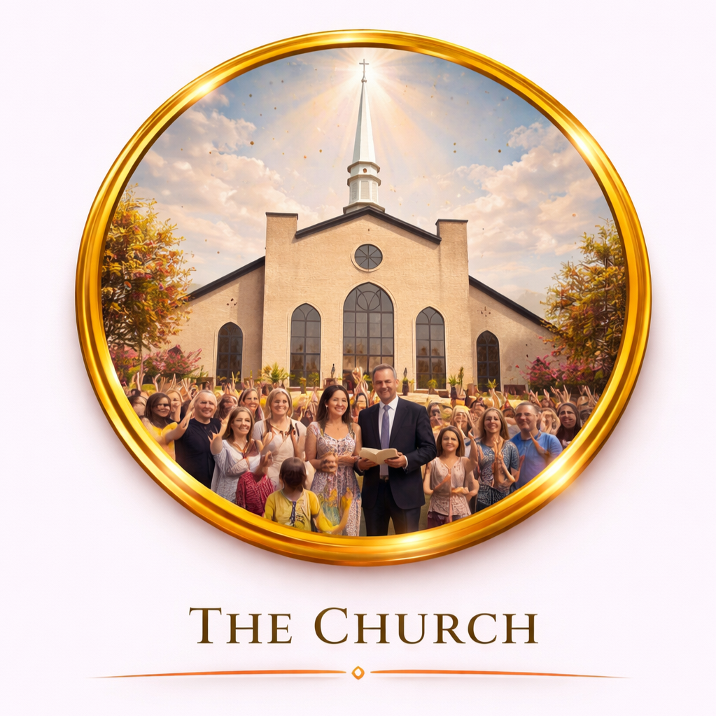 A church with a large congregation gathered outside on a sunny day, with a man and woman standing in front, holding a book, in front of the church building.