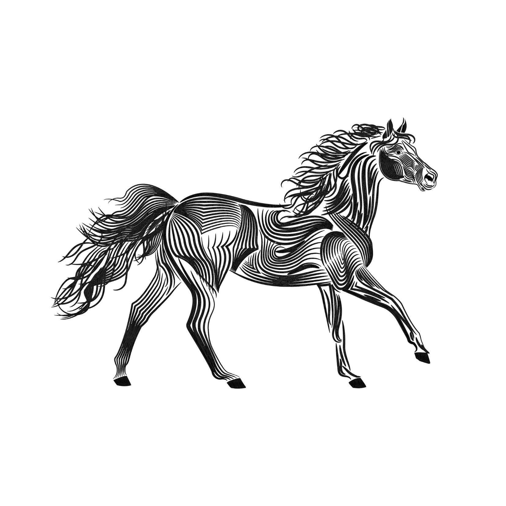 Black line art illustration of a horse in profile.