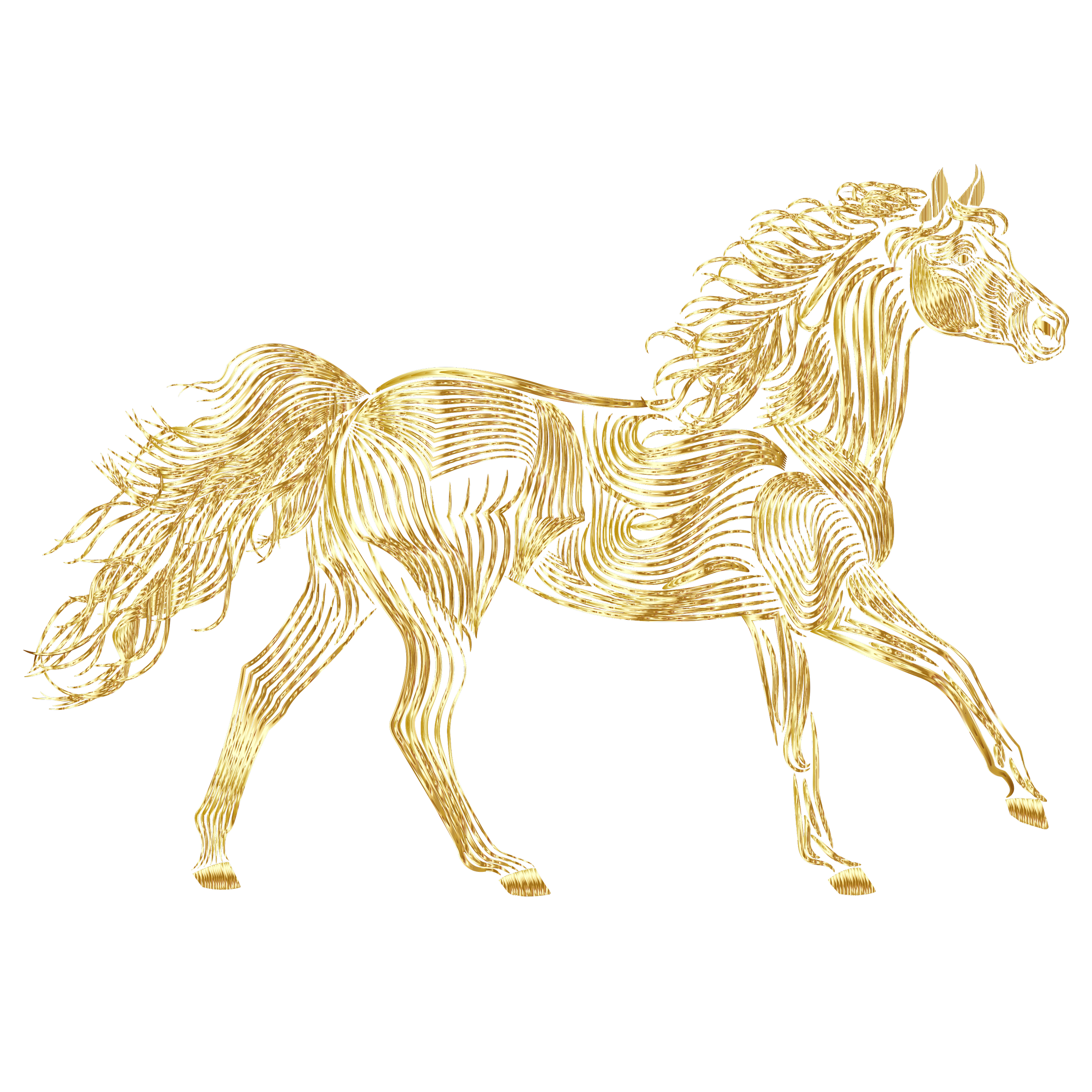 Gold metallic line art illustration of a running horse on a black background.